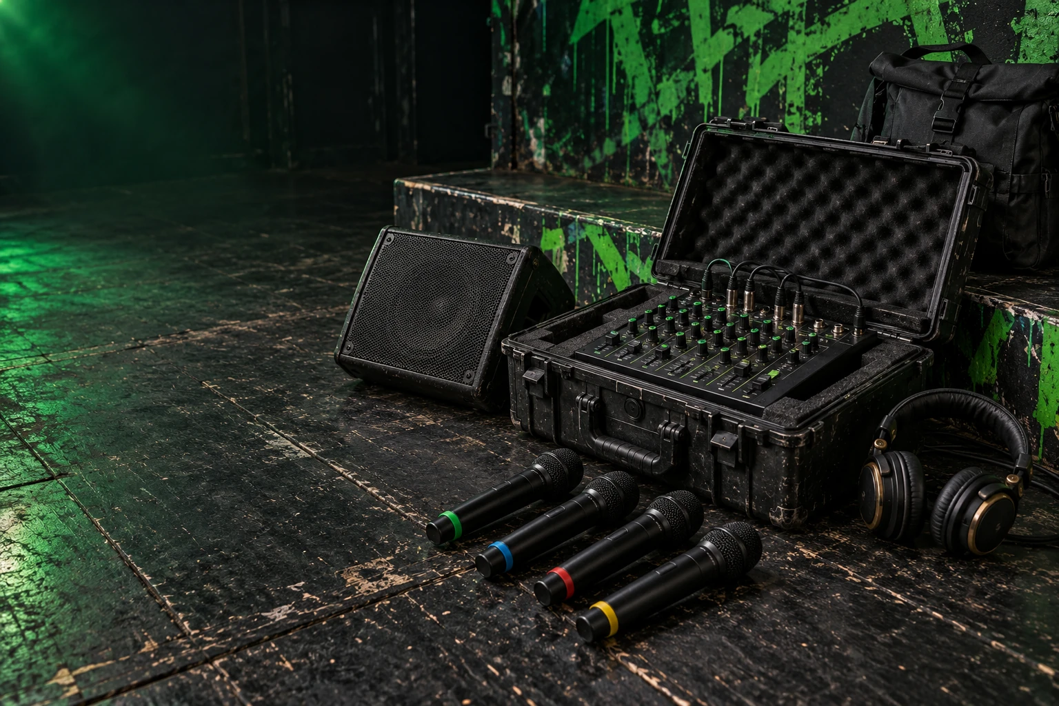 Concept image of a portable microphone and mixer rig on a worn black stage with green graffiti